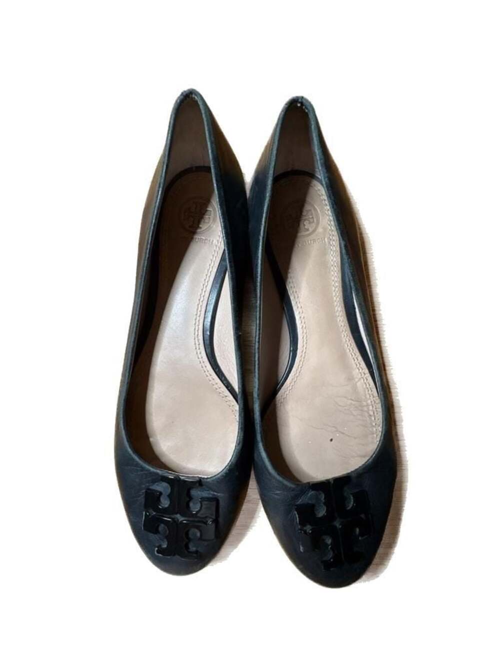 Preowned Tory Burch Black Leather Reva Ballet Flats with Logo Emblem, size 7M